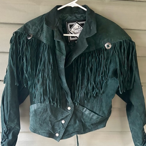 body exteriors Jackets & Blazers - Vintage Army Green Leather Fringe Jacket Body Exteriors Philippines Western